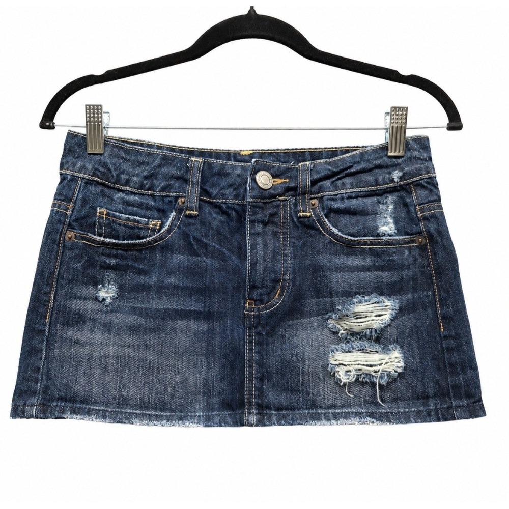 American Eagle Distressed Denim Mini Skirt 00 Dark Wash Y2K Raw Hem Micro
